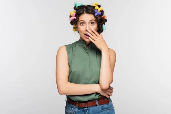 Surprised Young Woman Colorful Hair Curlers Isolated Grey — Stock Photo, Image