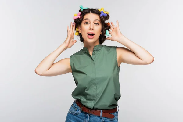 Amazed Young Woman Colorful Hair Curlers Gesturing Isolated Grey — Stock Photo, Image