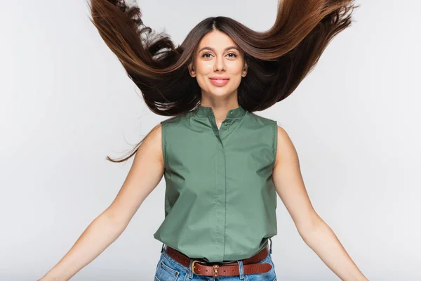 Smiling Young Woman Shiny Hair Air Isolated Grey — Stock Photo, Image