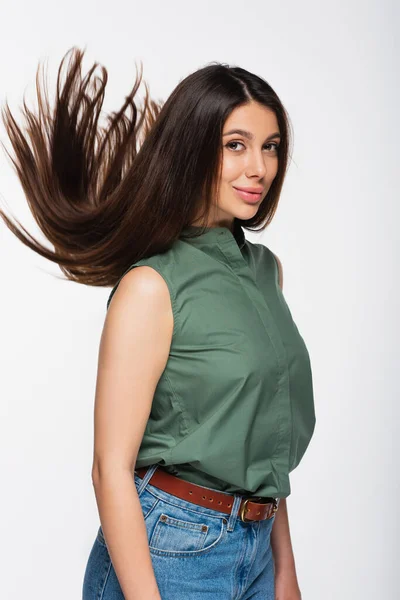 Jovem Alegre Com Cabelo Brilhante Isolado Cinza — Fotografia de Stock