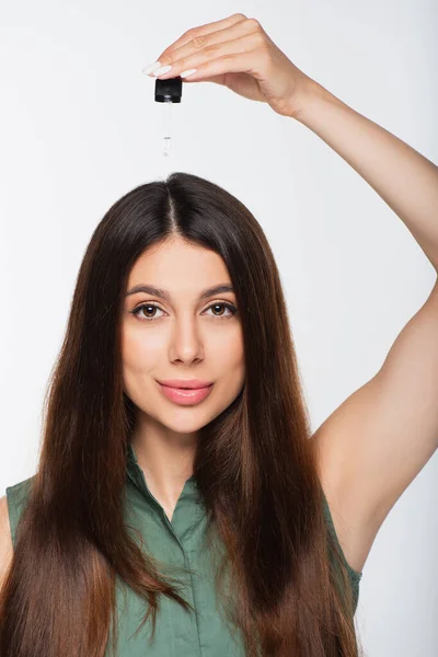 Young Woman Shiny Hair Applying Treatment Oil Top Head Isolated — Stock Photo, Image