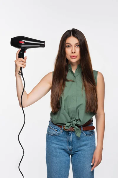 Pretty Young Woman Shiny Hair Holding Hair Dryer Isolated Grey — Stock Photo, Image