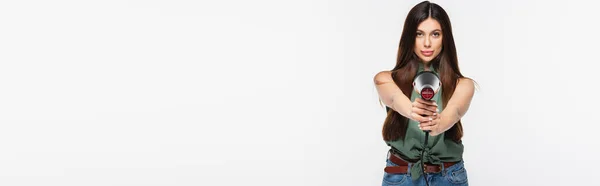 Young Woman Shiny Hair Holding Hair Dryer While Aiming Isolated — Stock Photo, Image