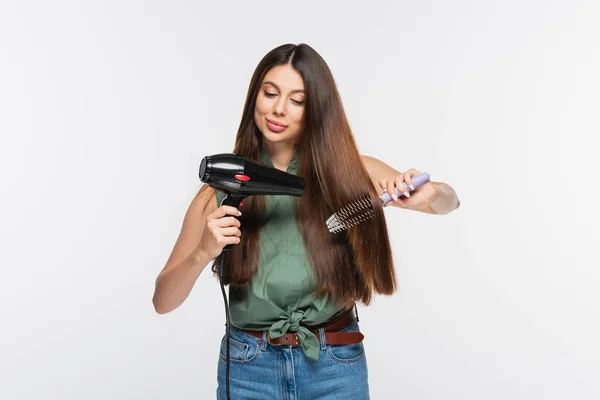 Young Woman Shiny Hair Styling Hair Hair Dryer Hair Brush — Stock Photo, Image