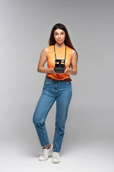 Full Length Young Woman Holding Vintage Camera Grey — Stock Photo, Image