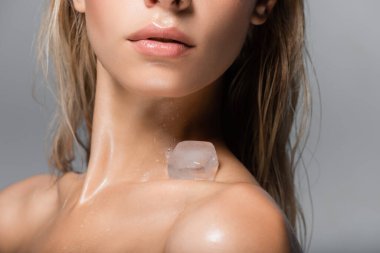 Çıplak omzunda buz küpü olan genç bir kadının gri renkte izole edilmiş görüntüsü