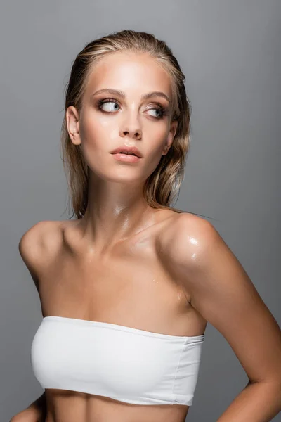 Blonde Woman Wet Perfect Skin Looking Away Isolated Grey — Stock Photo, Image