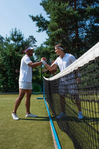 Seitenansicht Von Fröhlichen Gemischtrassigen Tennisspielern Beim Händeschütteln Neben Dem Netz — Stockfoto