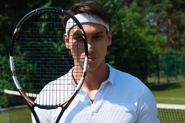 Young Sportsman Holding Tennis Racket Looking Camera — Stock Photo, Image