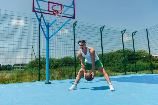 Young Man Holding Basketball Ball Streetball Playground — Stock Photo, Image