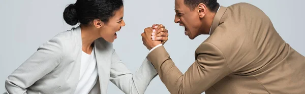 Side View African American Businesswoman Man Doing Arm Wrestling White — Stock Photo, Image