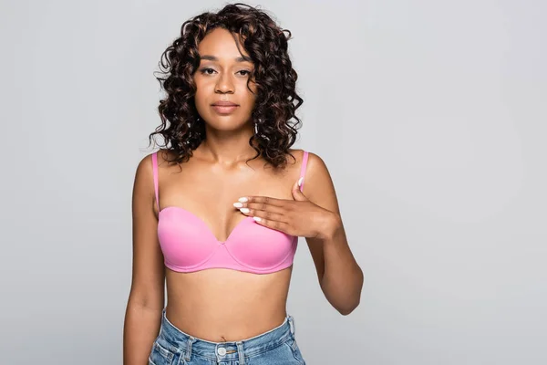 African American Woman Touching Pink Bra Isolated Grey — Stock Photo, Image