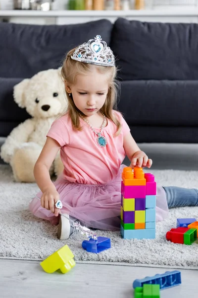 Girl Costume Princess Playing Magic Wand Building Blocks Blurred Teddy — Stock Photo, Image