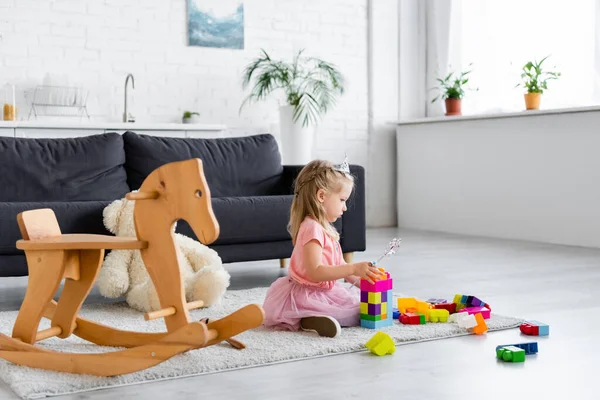 Girl Princess Costume Playing Magic Wand Building Blocks Rocking Horse — Stock Photo, Image