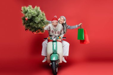 Heyecanlı orta yaşlı bir adam Asyalı karısının yanında Noel ağacı tutuyor ve kırmızı motosiklet sürüyor. 
