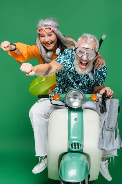 Positive Multiethnic Middle Aged Couple Goggles Outstretched Hands Riding Motor — Stock Photo, Image