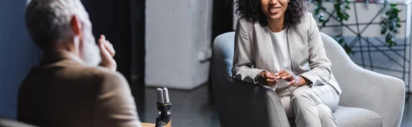 Cropped View Happy African American Journalist Talking Blurred Businessman Interview — Stock Photo, Image