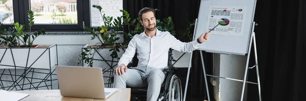 Glimlachende Gehandicapte Zakenman Wijst Naar Flip Tijdens Videoconferentie Kantoor Banner — Stockfoto