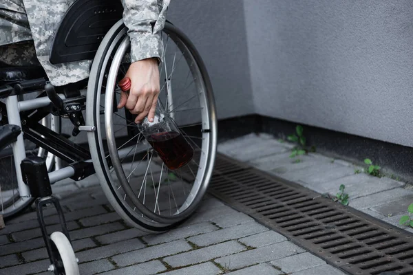 Partial View Handicapped Military Man Bottle Whiskey Sitting Wheelchair Outdoors — Stock Photo, Image