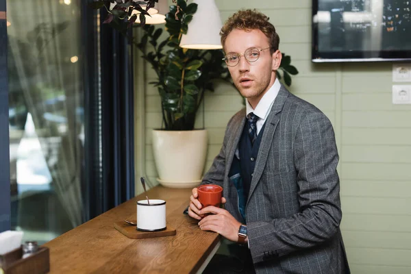 Young Businessman Formal Wear Holding Cup Coffee Cafe — Stock Photo, Image