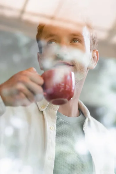 Young Man Drinking Coffee Blurred Window Cafe — Stock Photo, Image