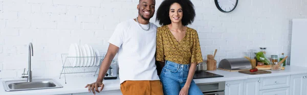 Smiling African American Couple Looking Camera Kitchen Banner — Stock Photo, Image