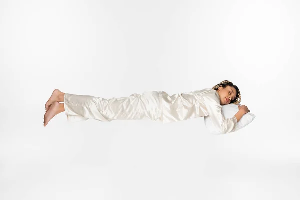 Full Length View Sleeping African American Woman Silk Pajamas Levitating — Stock Photo, Image