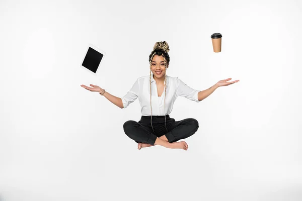 Happy African American Businesswoman Levitating Lotus Pose Digital Tablet Paper — Stock Photo, Image