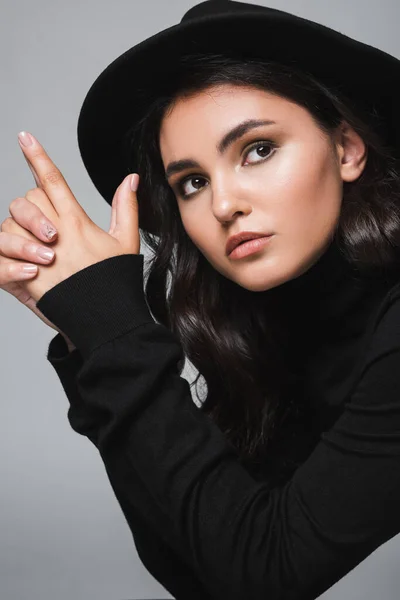 Brunette Model Fedora Hat Looking Away Showing Finger Gun Gesture — Stock Photo, Image
