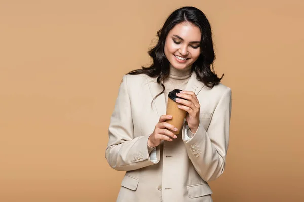 Happy Young Woman Trendy Suit Holding Paper Cup Isolated Beige — Stock Photo, Image