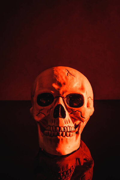 red lighting on spooky skull on dark background 