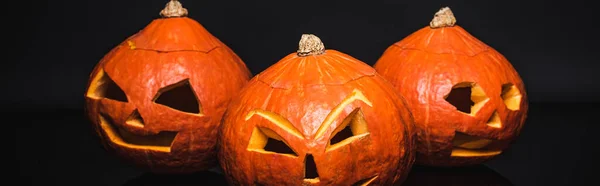 Row Orange Carved Pumpkins Black Banner — Stock Photo, Image