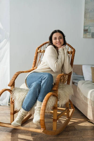 Full Length View Woman Warm Sweater Socks Smiling Camera Rocking — Stock Photo, Image