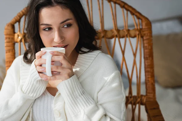 穿着白色羊毛衫的黑发女人坐在柳条椅上 喝着热茶 — 图库照片