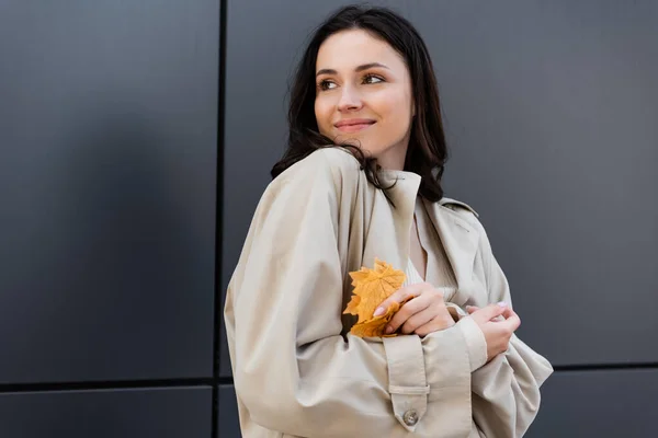 Donna Elegante Con Foglie Gialle Sorridenti Mentre Guarda Lontano Vicino — Foto Stock