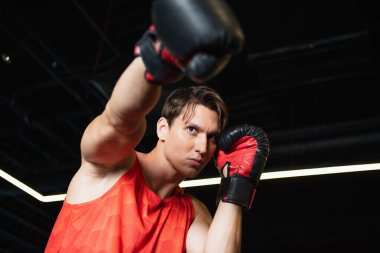 Boks eldiveni sporcusu. Spor salonunda ön plan bulanık.