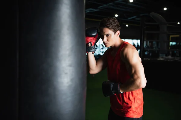 Sportivo Guanti Boxe Allenamento Con Sacco Boxe Palestra — Foto Stock