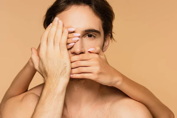 Woman Obscuring Face Young Lover Isolated Beige — Stock Photo, Image