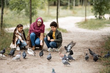 Muslim family feeding doves in park  clipart