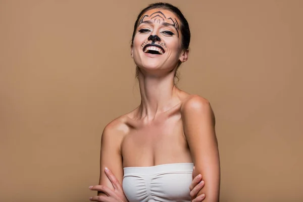 Happy Woman Bare Shoulders Tiger Makeup Posing Isolated Beige — Stock Photo, Image