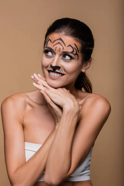 Young Smiling Woman Bare Shoulders Tiger Makeup Posing Isolated Beige — Stock Photo, Image