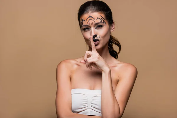 Young Woman Bare Shoulders Tiger Makeup Showing Hush Sign Isolated — Stock Photo, Image