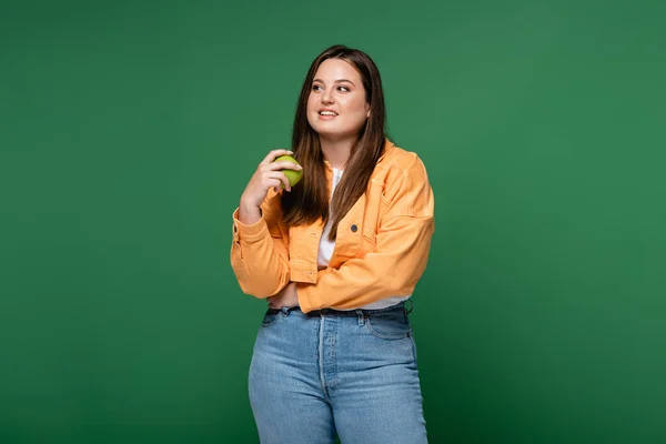 Smiling Woman Overweight Holding Apple Isolated Green — Stock Photo, Image