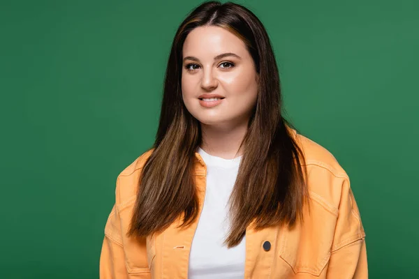 Brunette Woman Overweight Looking Camera Isolated Green — Stock Photo, Image