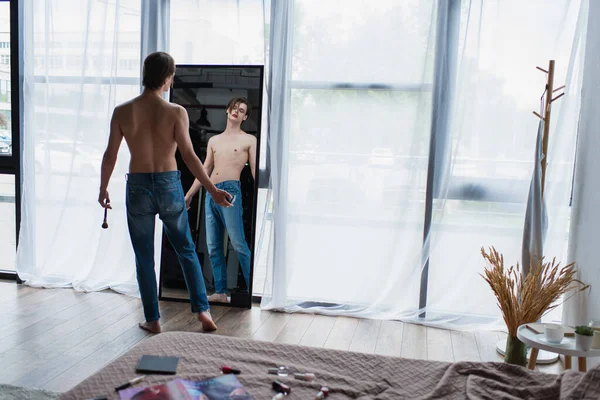 Shirtless Young Transgender Man Holding Cosmetic Brush Face Powder Mirror — Stock Photo, Image