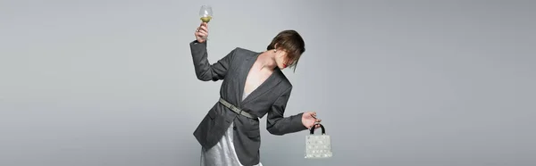 Transgender Man Slip Dress Blazer Holding Purse Glass Wine Isolated — Stock Photo, Image