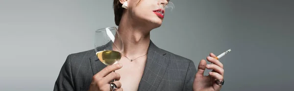 Cropped View Young Transgender Man Blazer Earring Holding Glass Wine — Stock Photo, Image