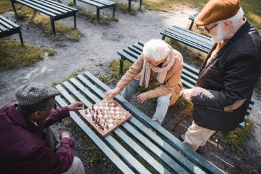 High angle view of interracial senior friends playing chess while spending time in autumn park  clipart