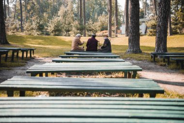 Interracial senior men with paper cups talking on bench in autumn park  clipart