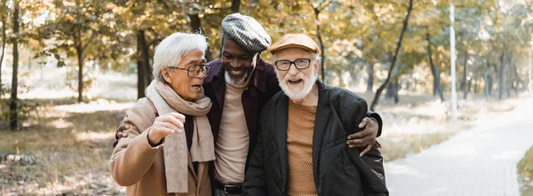 African American Man Hugging Interracial Senior Friends Autumn Park Banner — Stock Photo, Image